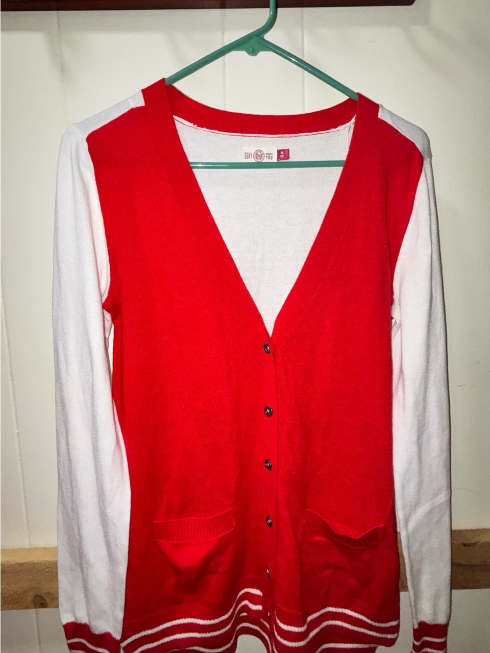 SO Red and White Button-Front Women's Cardigan